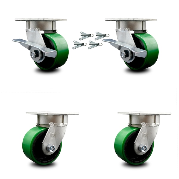 Service Caster 4 Inch Kingpinless Green Poly on Steel Wheel Caster Swivel Locks 2 Brakes, 4PK SCC-KP30S420-PUR-GB-SLB-BSL-2-BSL-2 - main
